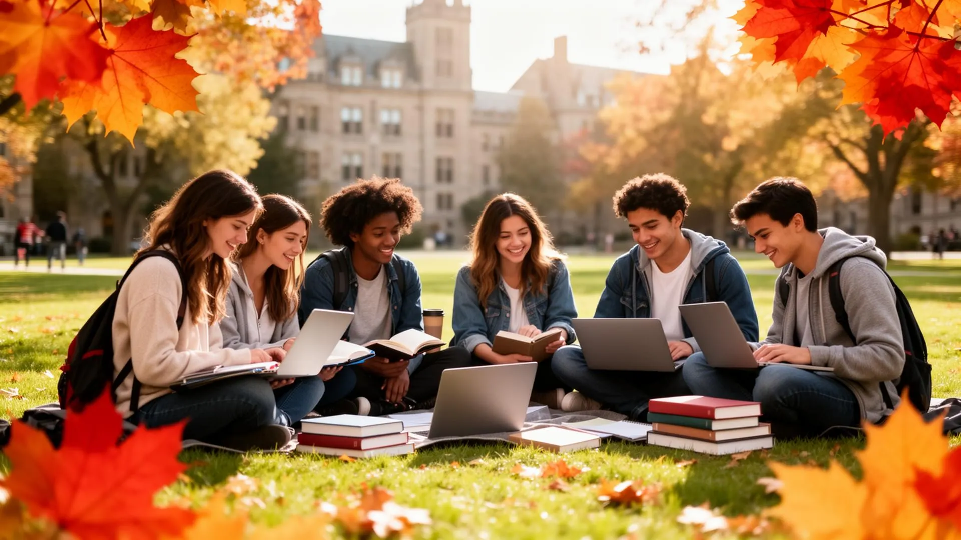 Canadian university students studying together on a sunlit autumn campus